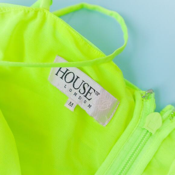 House of CB London Ella Neon Green Ruched Bodycon Mini Dress Size Medium - Picture 5 of 9